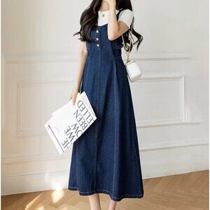 Dark Wash Denim Overall‎ Pinafore Dress Smocked Long A-Line Skirt Midi Dress